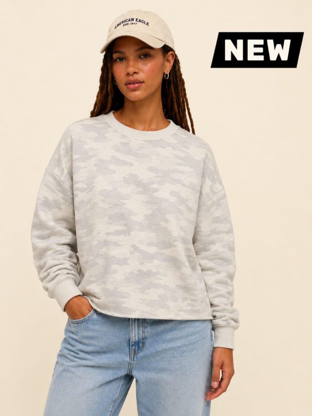 New!!! AMERICAN EAGLE GREY/CREAM CAMO CROPPED CUT - OFF SWEATSHIRT - SIZE L